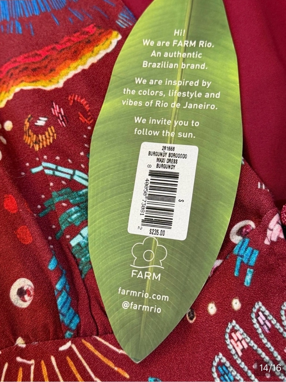 NWT FARM Rio Burgundy Borogodo Long Balloon Sleeve Maxi Dress Women’s Size Small - Picture 13 of 14